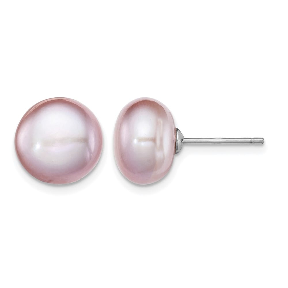Sterling Silver 10-11mm Purple Button Freshwater Pearl Post Earrings, view 1 of 4