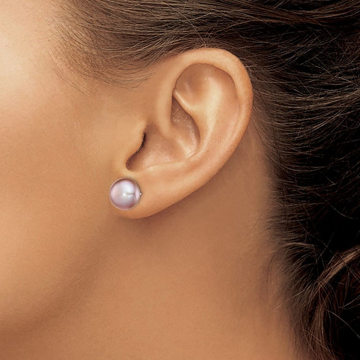 Sterling Silver 10-11mm Purple Button Freshwater Pearl Post Earrings, view 3 of 4