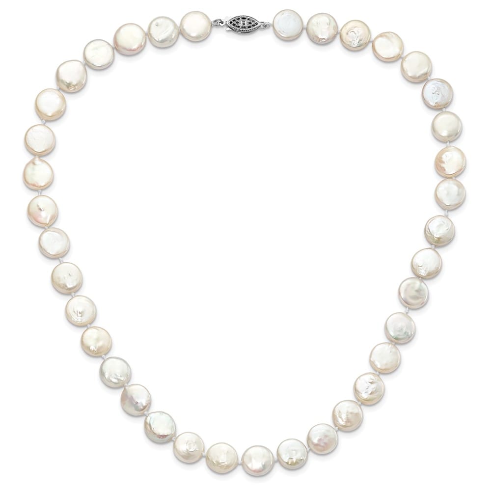 Sterling Silver 10-11mm White Coin Cultured Pearl 18 inch Necklace