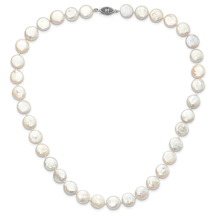 Sterling Silver 10-11mm White Coin Cultured Pearl 18 inch Necklace