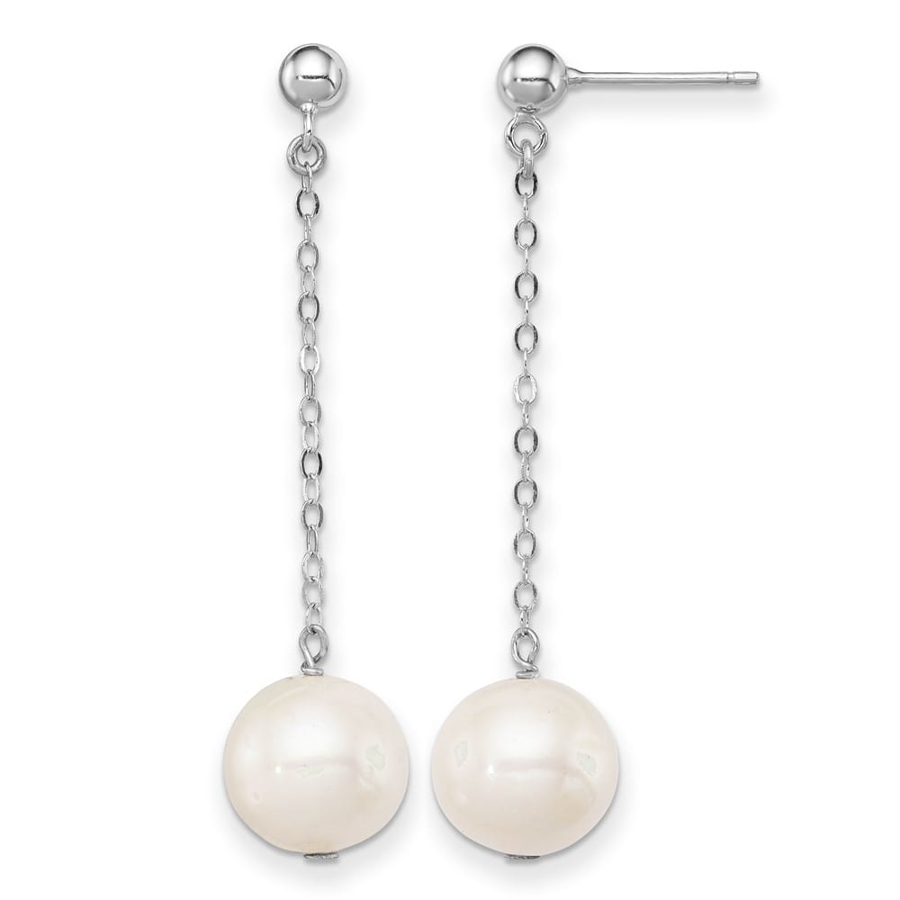 Sterling Silver 10-11mm White Round Pearl Dangle Post Earrings, view 1 of 4
