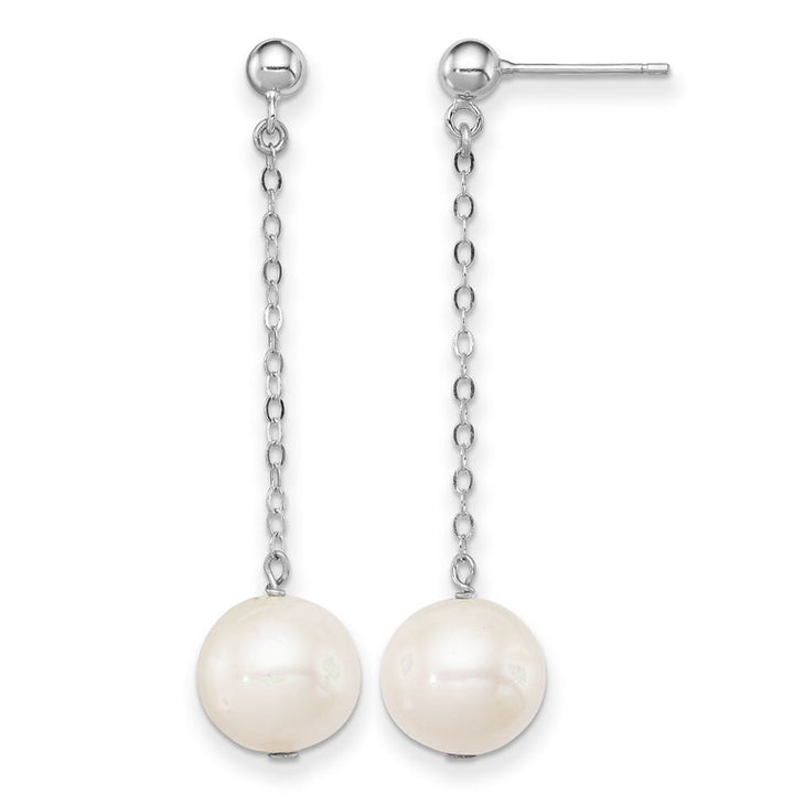 Sterling Silver 10-11mm White Round Pearl Dangle Post Earrings, view 1 of 4