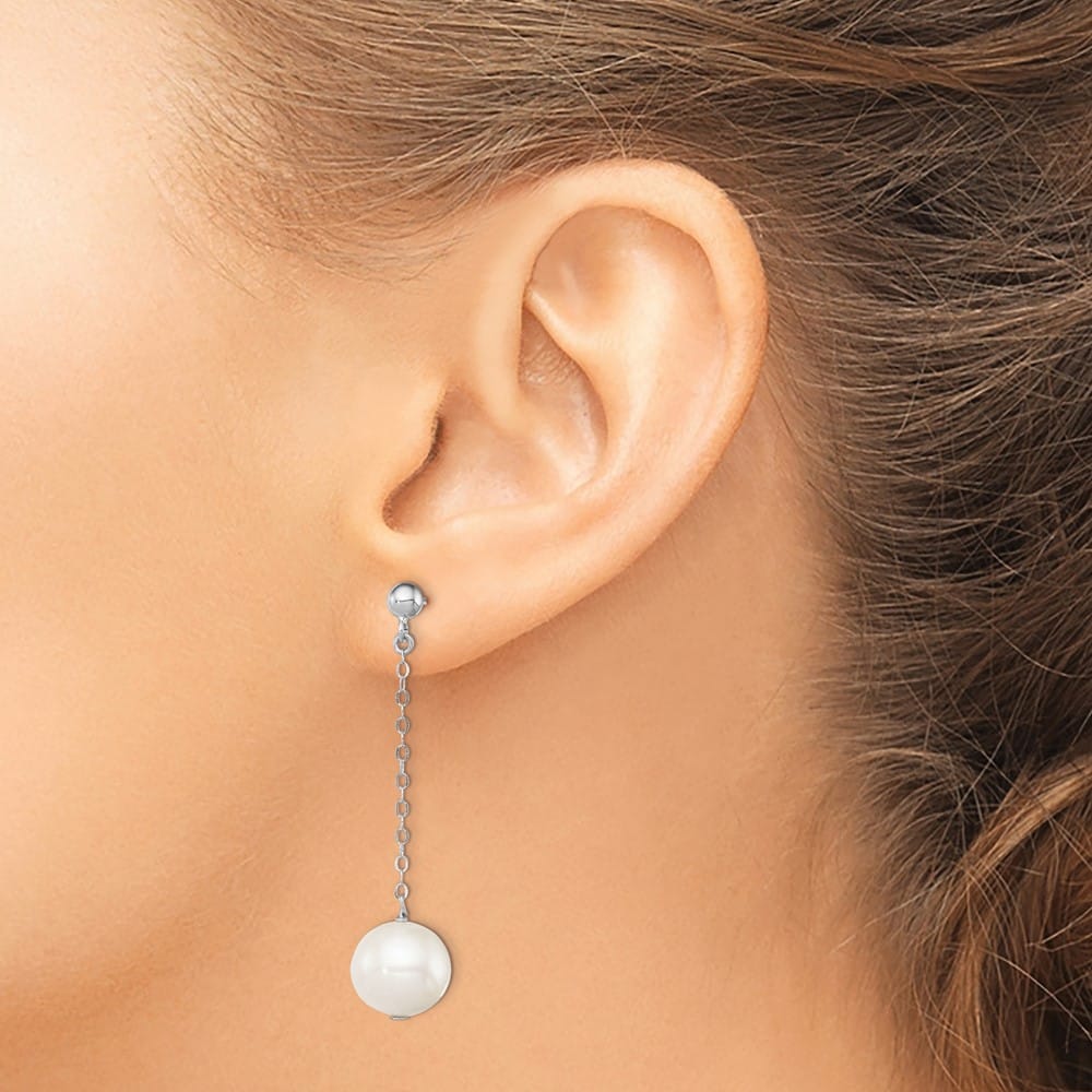 Sterling Silver 10-11mm White Round Pearl Dangle Post Earrings, view 3 of 4