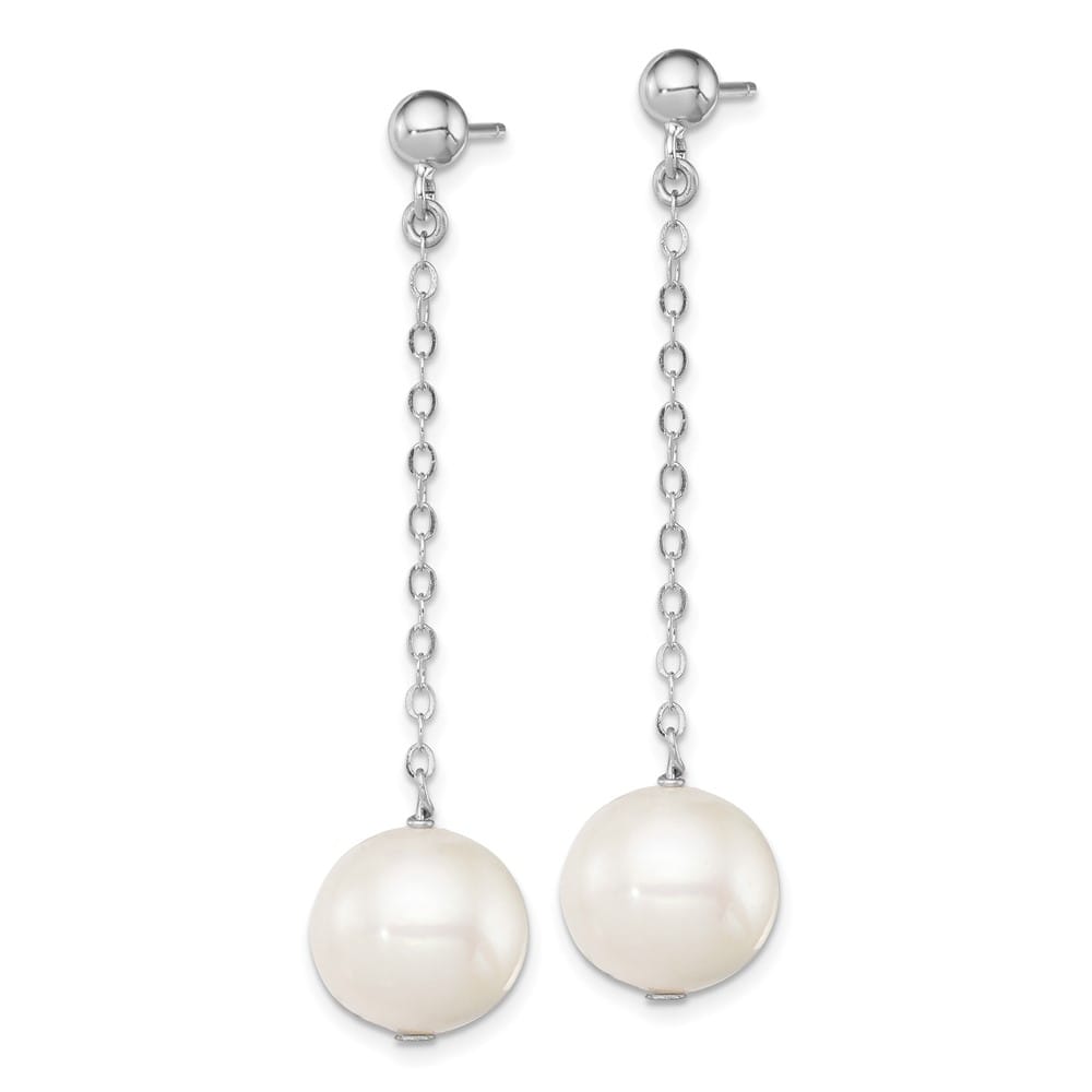 Sterling Silver 10-11mm White Round Pearl Dangle Post Earrings, view 2 of 4