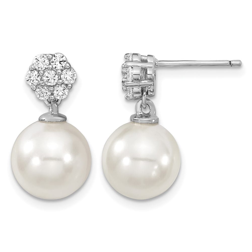 Sterling Silver 10-11mm White Shell Pearl CZ Post Dangle Earrings, view 1 of 4