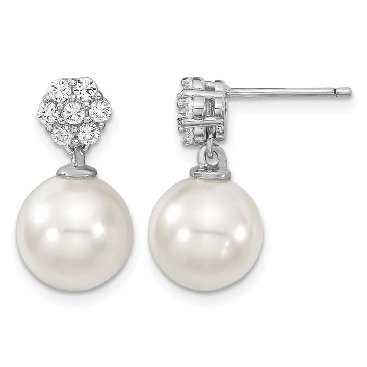 Sterling Silver 10-11mm White Shell Pearl CZ Post Dangle Earrings, view 1 of 4