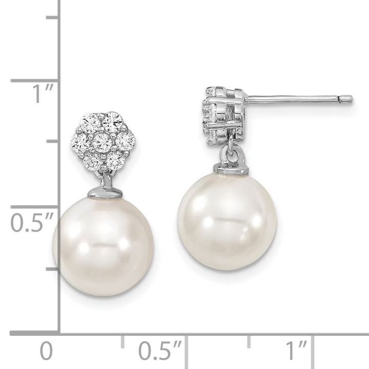 Sterling Silver 10-11mm White Shell Pearl CZ Post Dangle Earrings, view 4 of 4