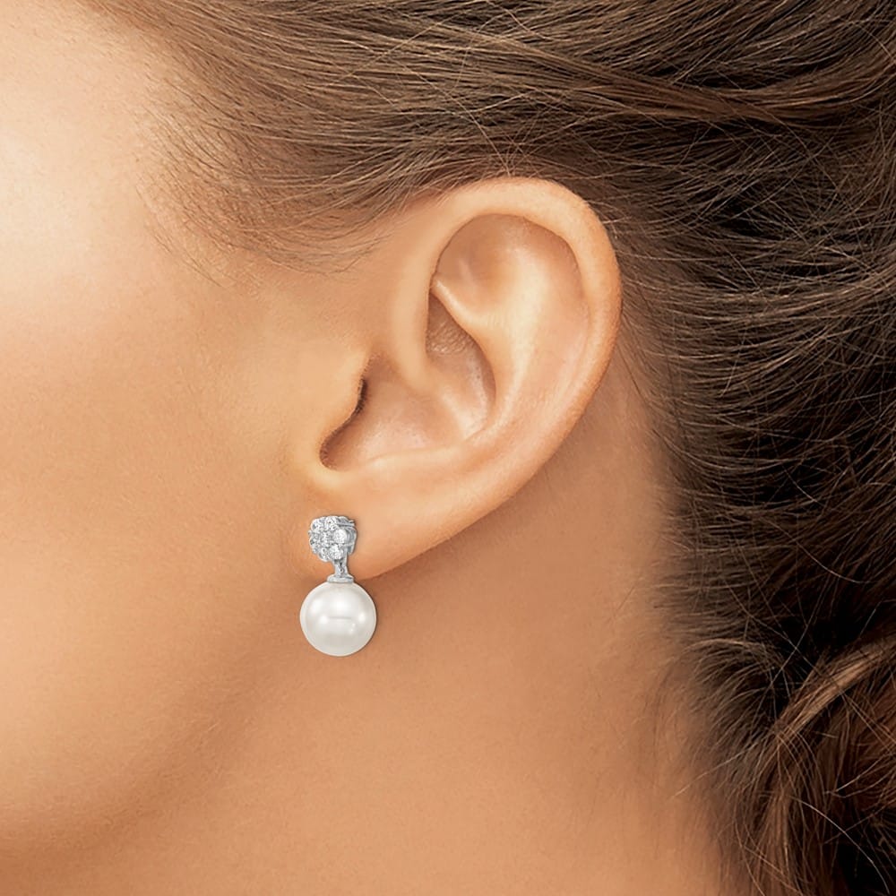 Sterling Silver 10-11mm White Shell Pearl CZ Post Dangle Earrings, view 3 of 4
