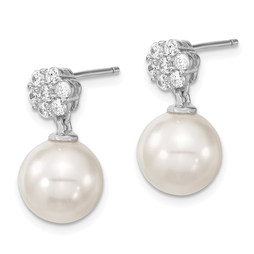 Sterling Silver 10-11mm White Shell Pearl CZ Post Dangle Earrings, view 2 of 4