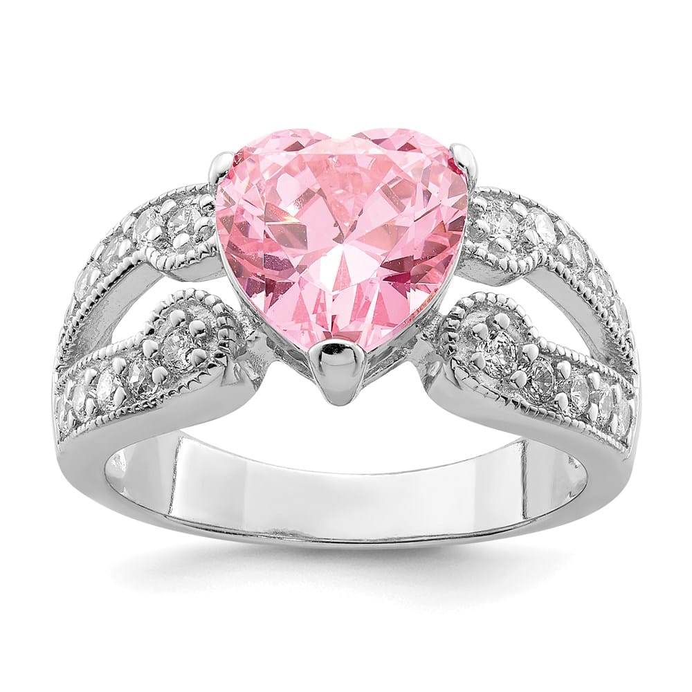 Sterling Silver 10 mm Clear CZ and Pink Heart CZ Ring