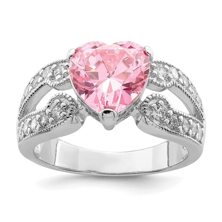 Sterling Silver 10 mm Clear CZ and Pink Heart CZ Ring