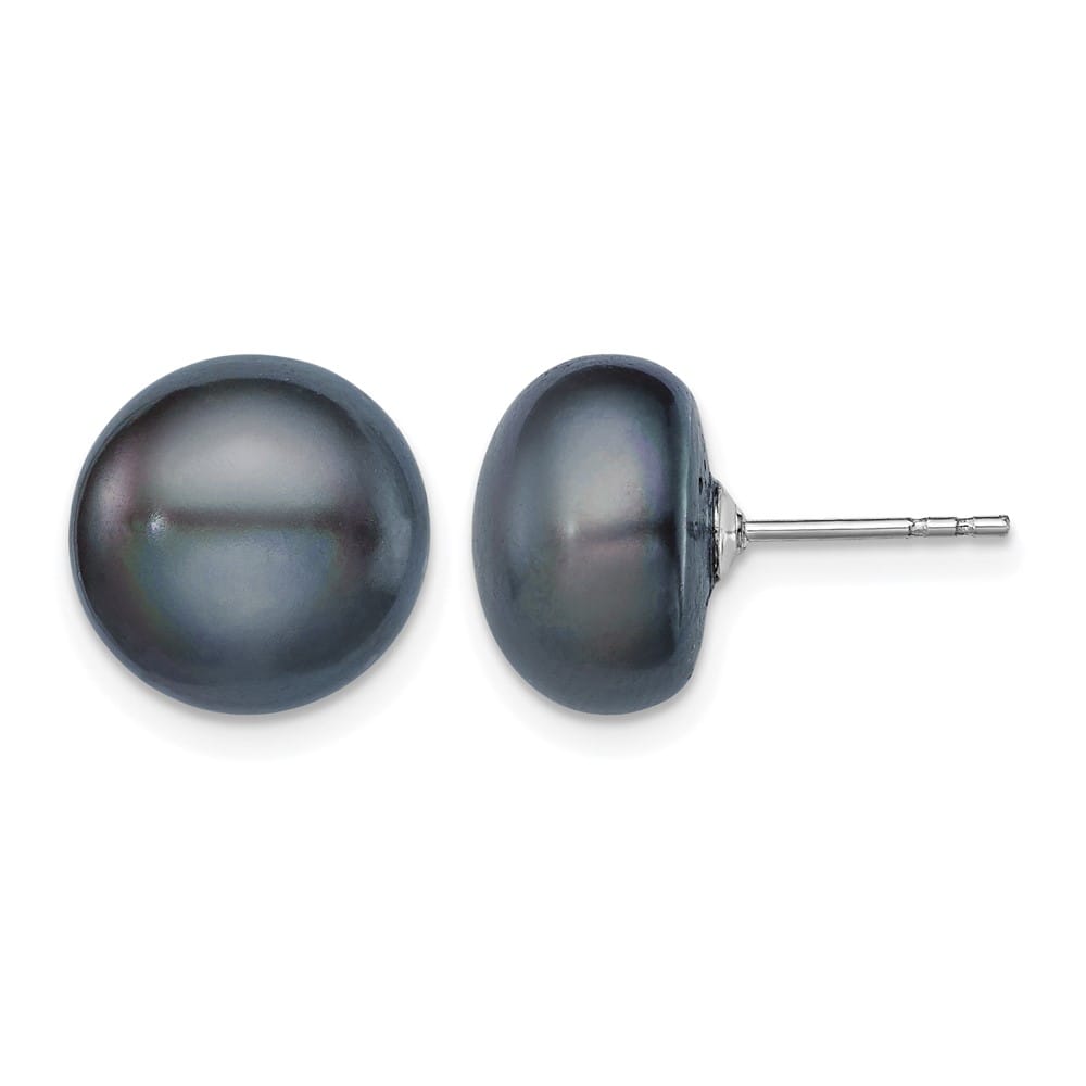 Sterling Silver 11-12mm Black Button Freshwater Pearl Post Earrings, view 1 of 4