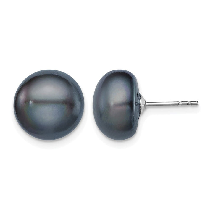 Sterling Silver 11-12mm Black Button Freshwater Pearl Post Earrings, view 1 of 4