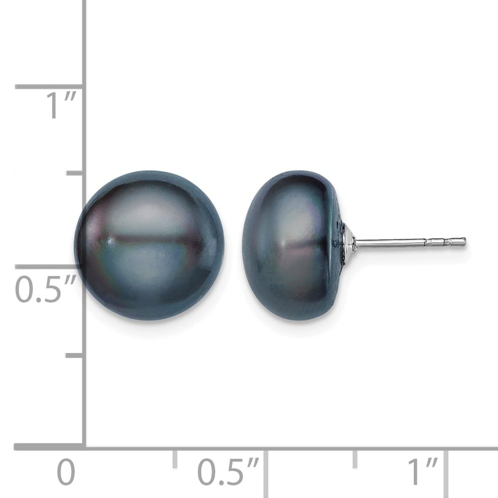 Sterling Silver 11-12mm Black Button Freshwater Pearl Post Earrings, view 4 of 4