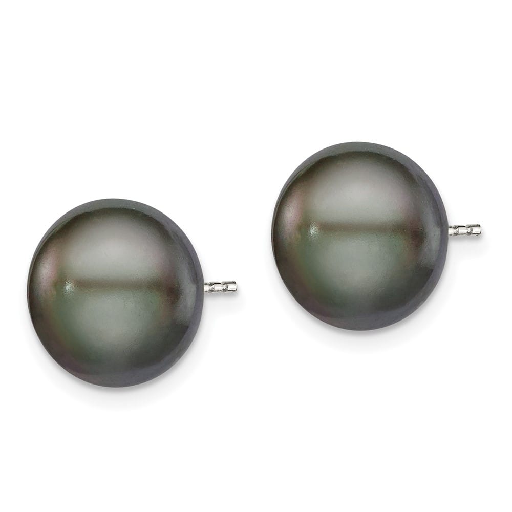 Sterling Silver 11-12mm Black Button Freshwater Pearl Post Earrings, view 2 of 4