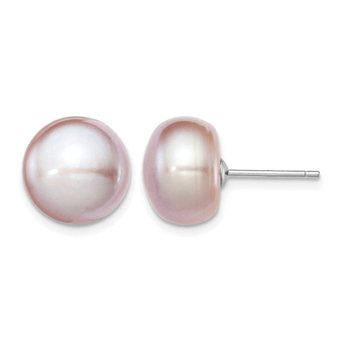Sterling Silver 11-12mm Purple Button Freshwater Pearl Post Earrings, view 1 of 4