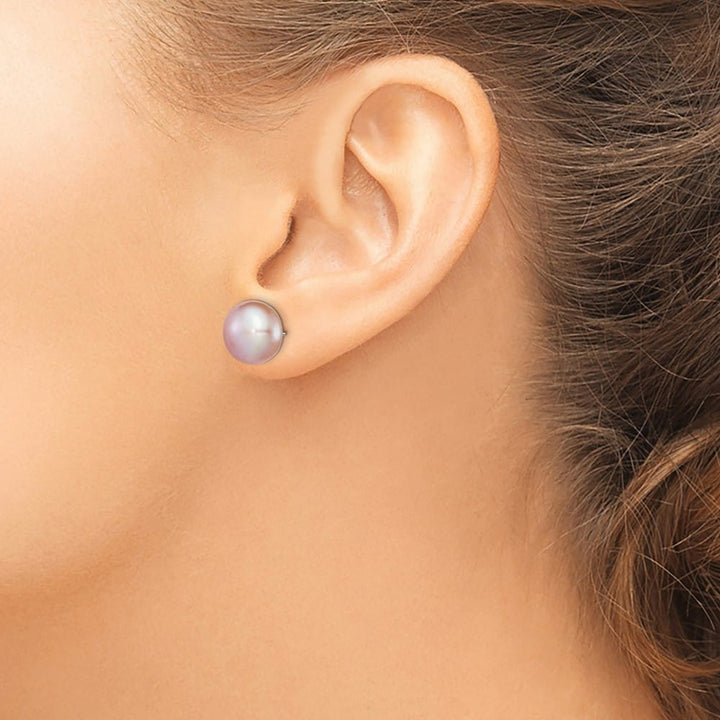 Sterling Silver 11-12mm Purple Button Freshwater Pearl Post Earrings, view 3 of 4