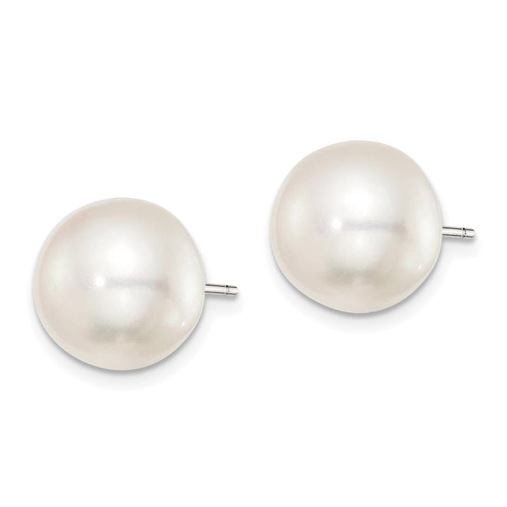 Sterling Silver 11-12mm White Button Freshwater Pearl Post Earrings, view 2 of 4
