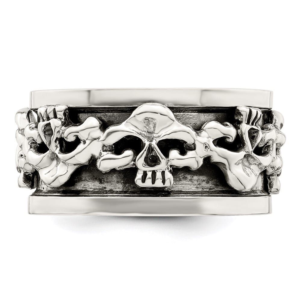 Sterling Silver 11.2 mm Spinning Center Antiqued Skull Men's Ring