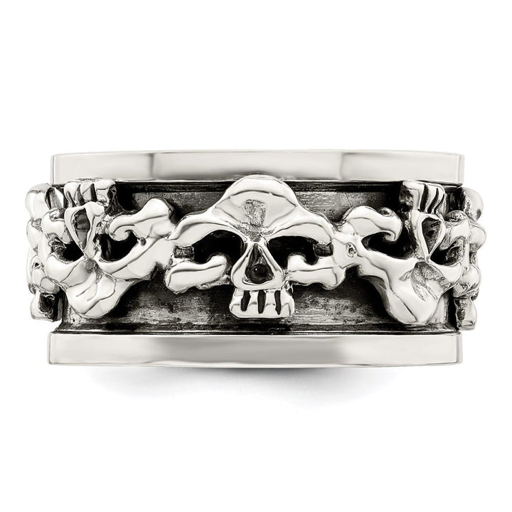 Sterling Silver 11.2 mm Spinning Center Antiqued Skull Men's Ring