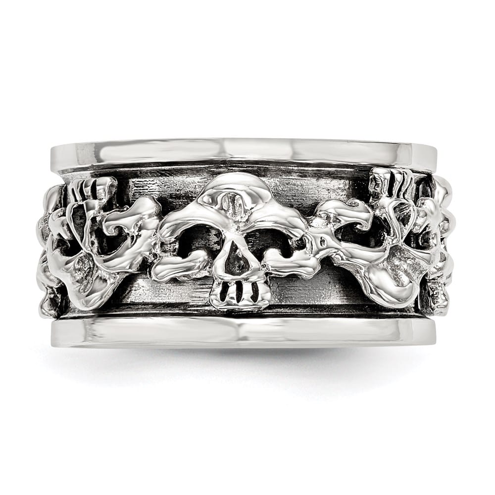 Sterling Silver 11.2 mm Spinning Center Antiqued Skull Men's Ring