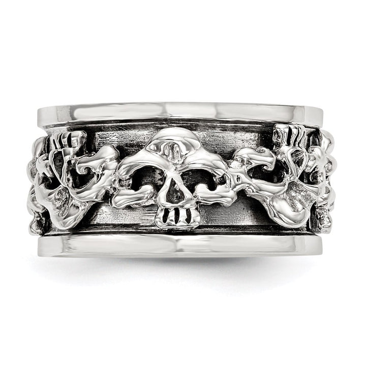 Sterling Silver 11.2 mm Spinning Center Antiqued Skull Men's Ring