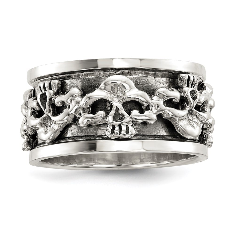 Sterling Silver 11.2 mm Spinning Center Antiqued Skull Men's Ring