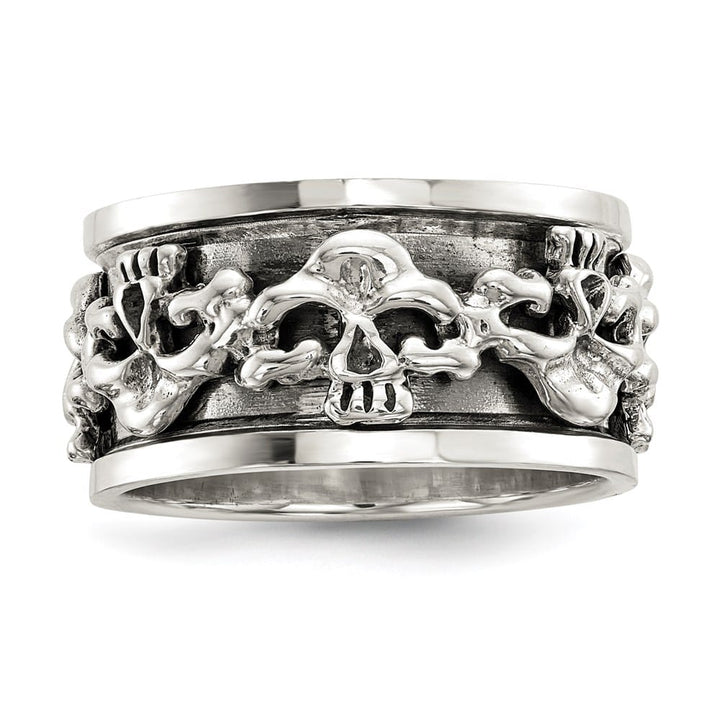 Sterling Silver 11.2 mm Spinning Center Antiqued Skull Men's Ring