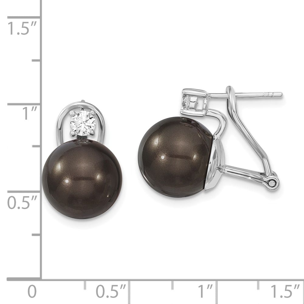 Sterling Silver 12-13mm Black Shell Pearl and CZ Omega Back Earrings, view 4 of 4