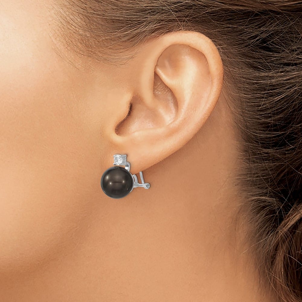 Sterling Silver 12-13mm Black Shell Pearl and CZ Omega Back Earrings, view 3 of 4