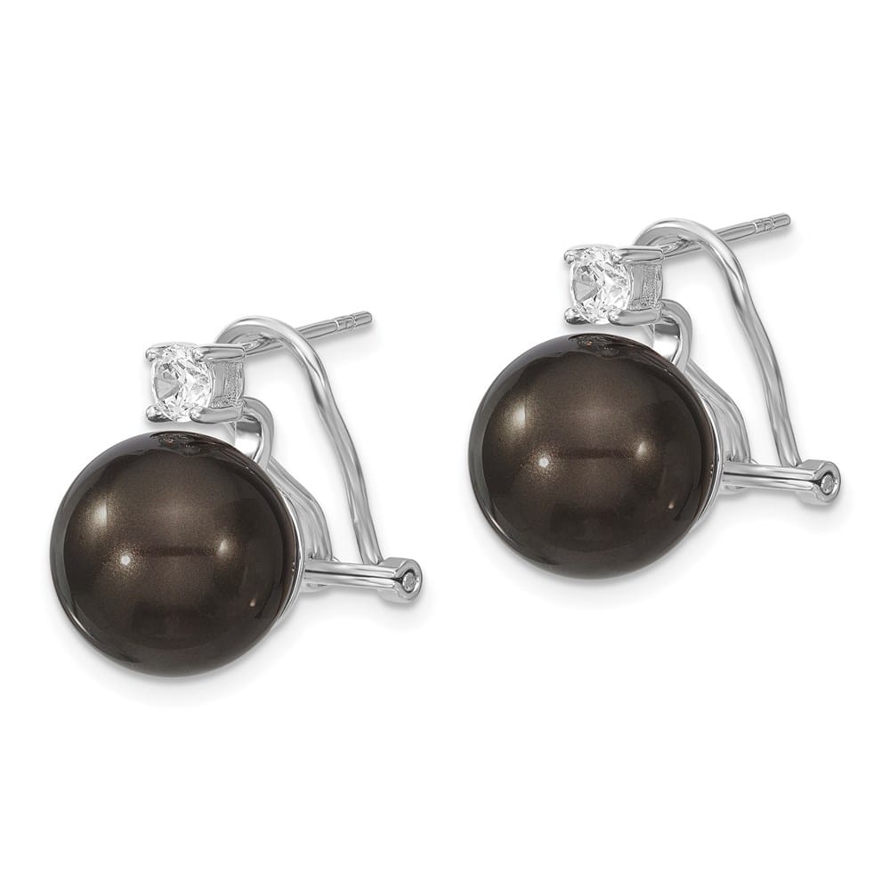 Sterling Silver 12-13mm Black Shell Pearl and CZ Omega Back Earrings, view 2 of 4