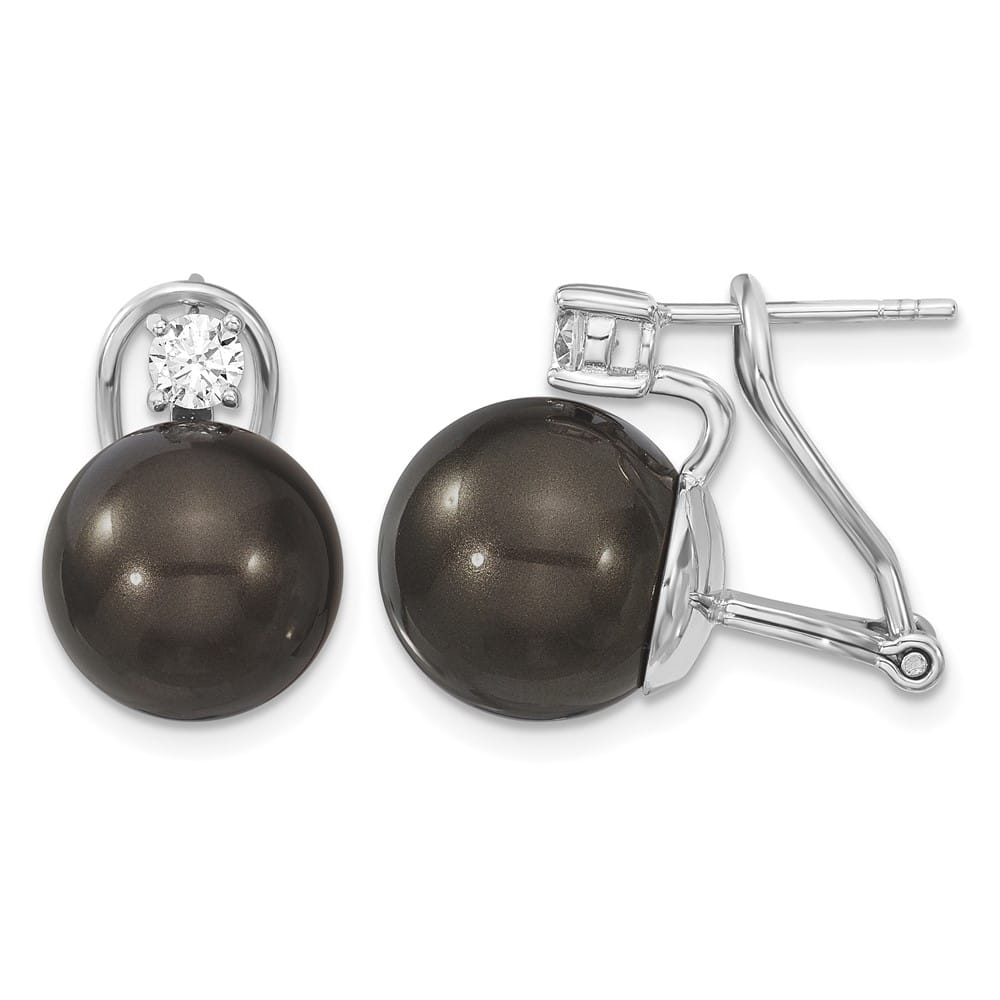 Sterling Silver 12-13mm Black Shell Pearl and CZ Omega Back Earrings, view 1 of 4