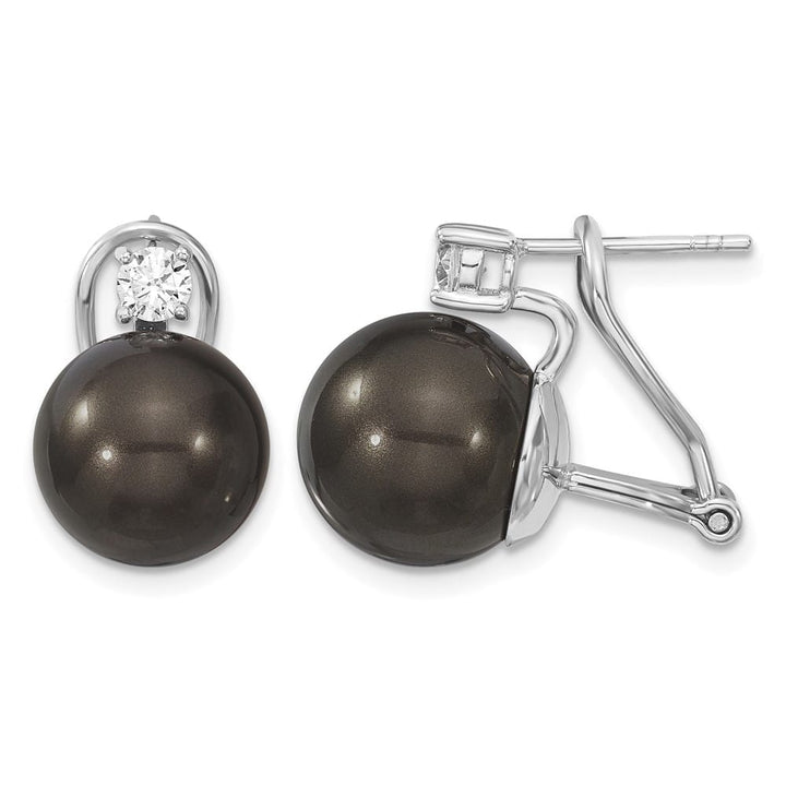 Sterling Silver 12-13mm Black Shell Pearl and CZ Omega Back Earrings, view 1 of 4