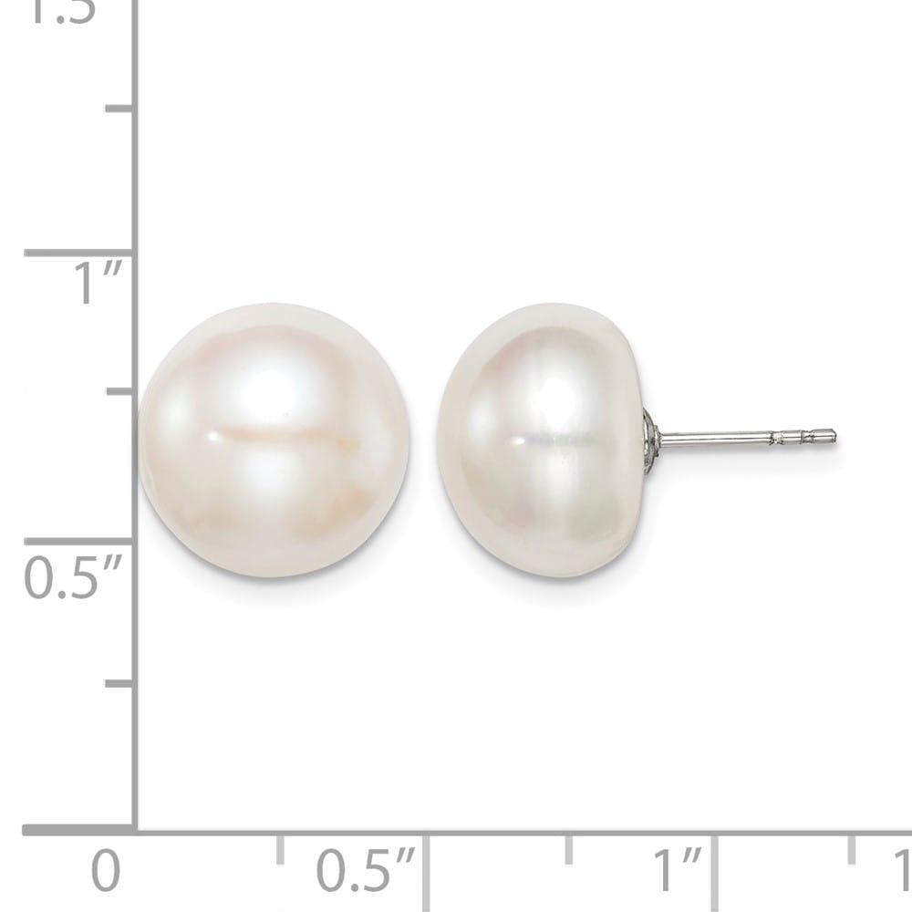 Sterling Silver 12-13mm White Button Freshwater Pearl Post Earrings, view 4 of 4