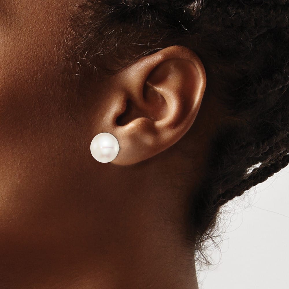 Sterling Silver 12-13mm White Button Freshwater Pearl Post Earrings, view 3 of 4