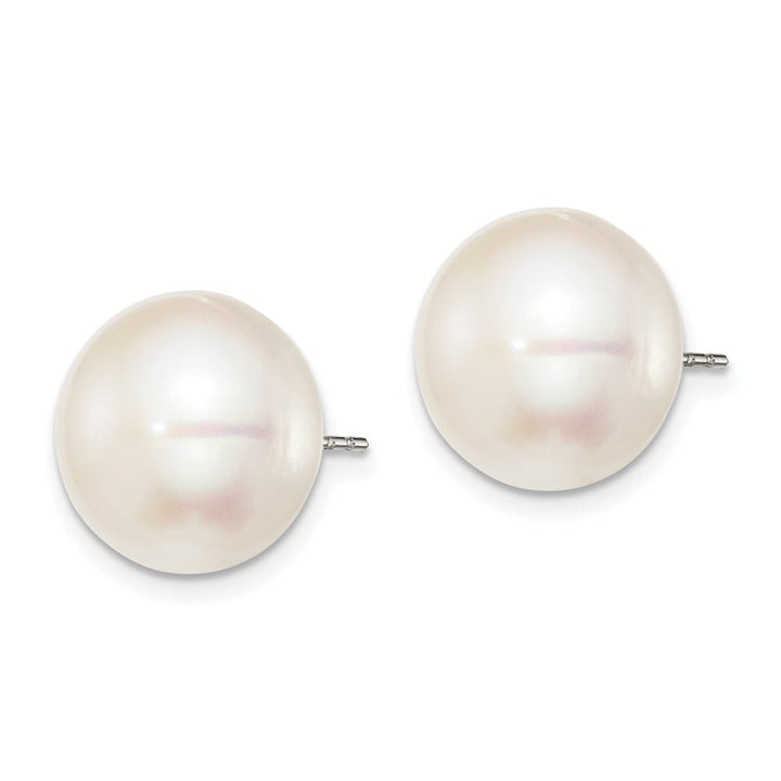 Sterling Silver 12-13mm White Button Freshwater Pearl Post Earrings, view 2 of 4
