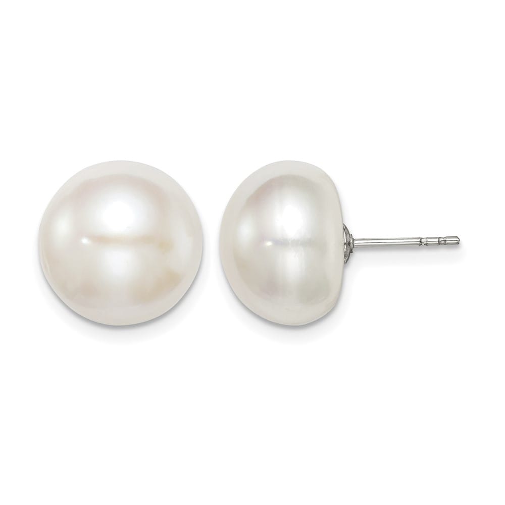 Sterling Silver 12-13mm White Button Freshwater Pearl Post Earrings, view 1 of 4