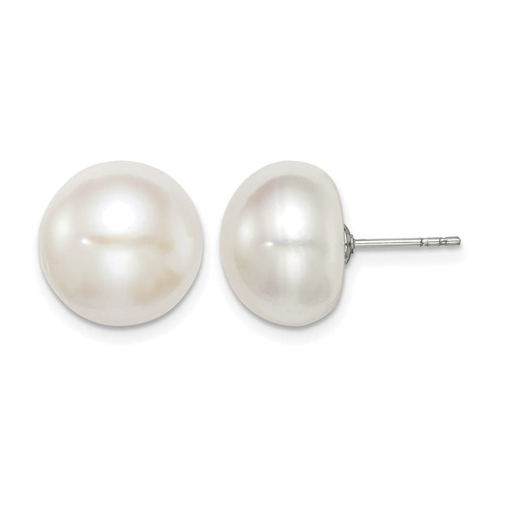 Sterling Silver 12-13mm White Button Freshwater Pearl Post Earrings, view 1 of 4