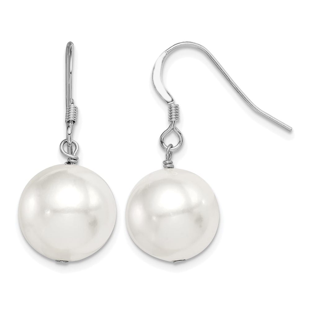Sterling Silver 12-13mm White Round Shell Bead Dangle Earrings, view 1 of 4