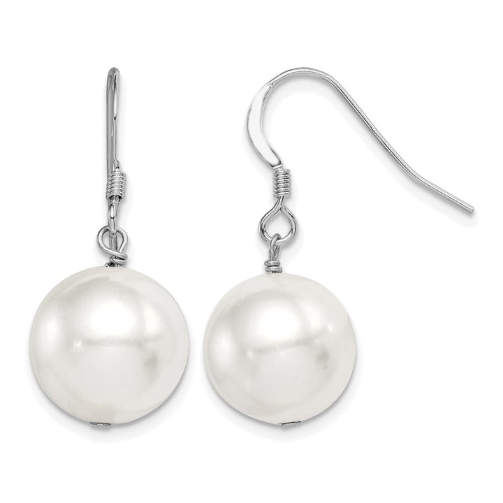 Sterling Silver 12-13mm White Round Shell Bead Dangle Earrings, view 1 of 4