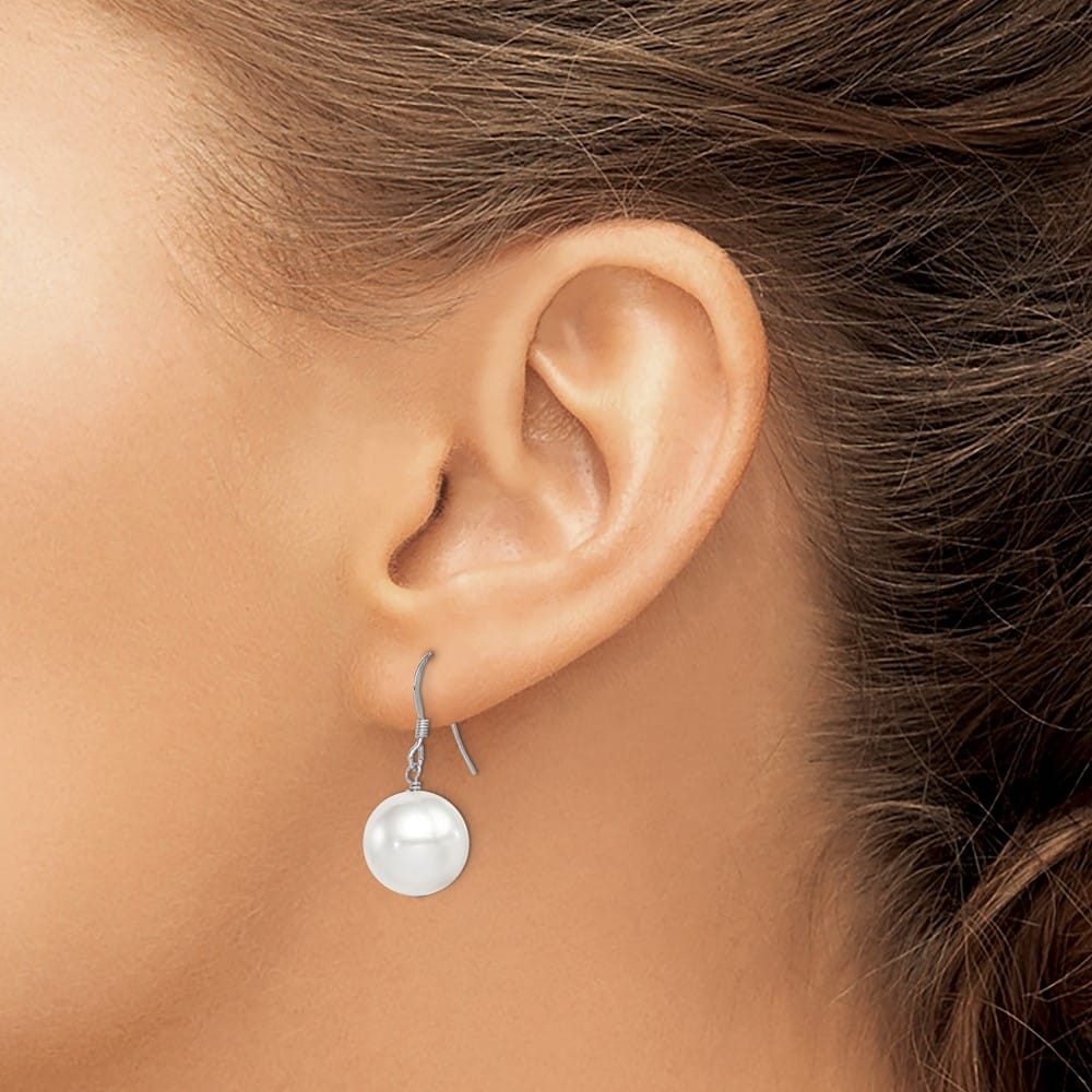Sterling Silver 12-13mm White Round Shell Bead Dangle Earrings, view 3 of 4