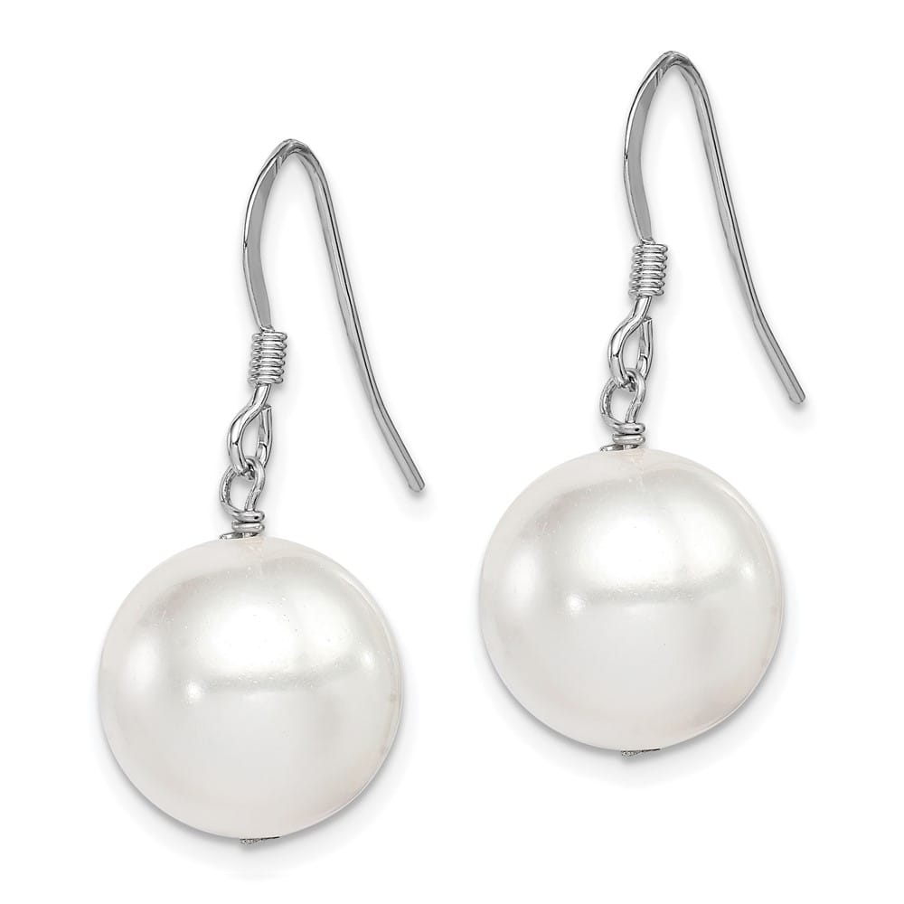 Sterling Silver 12-13mm White Round Shell Bead Dangle Earrings, view 2 of 4