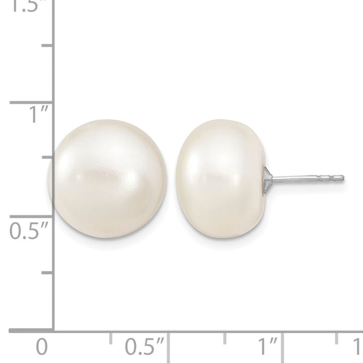 Sterling Silver 13-14mm White Button Freshwater Pearl Post Earrings, view 4 of 4