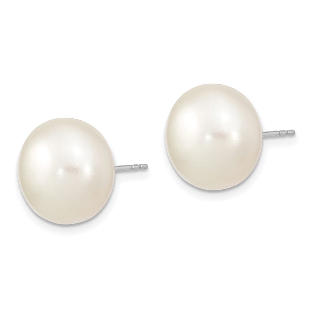 Sterling Silver 13-14mm White Button Freshwater Pearl Post Earrings, view 2 of 4