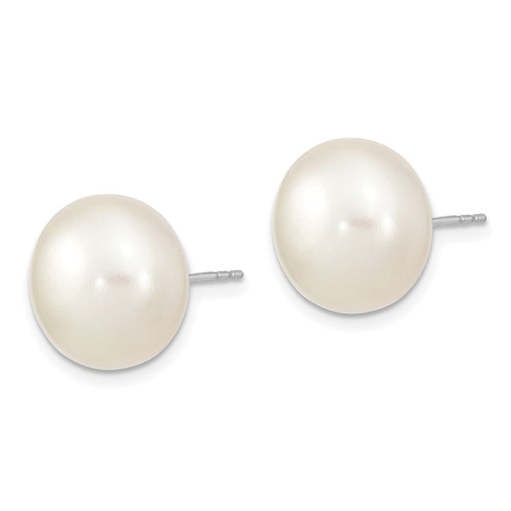 Sterling Silver 13-14mm White Button Freshwater Pearl Post Earrings, view 2 of 4
