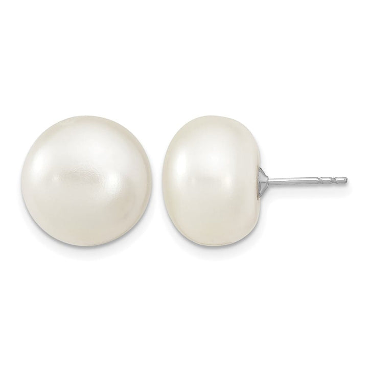 Sterling Silver 13-14mm White Button Freshwater Pearl Post Earrings, view 1 of 4