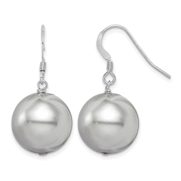Sterling Silver 14-15mm Gray Round Shell Pearl Dangle Earrings, view 1 of 4