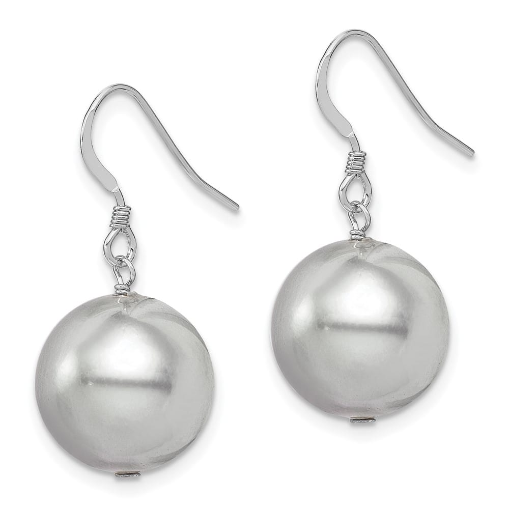 Sterling Silver 14-15mm Gray Round Shell Pearl Dangle Earrings, view 2 of 4