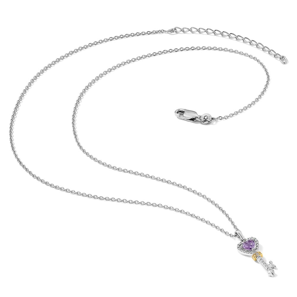 Sterling Silver 14k Accent Amethyst and Diamond Key 20 inch Necklace