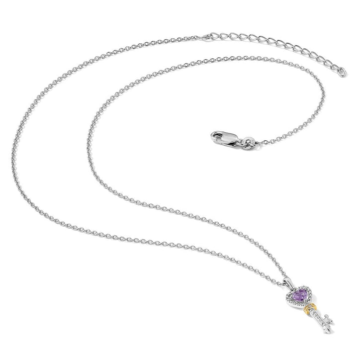 Sterling Silver 14k Accent Amethyst and Diamond Key 20 inch Necklace
